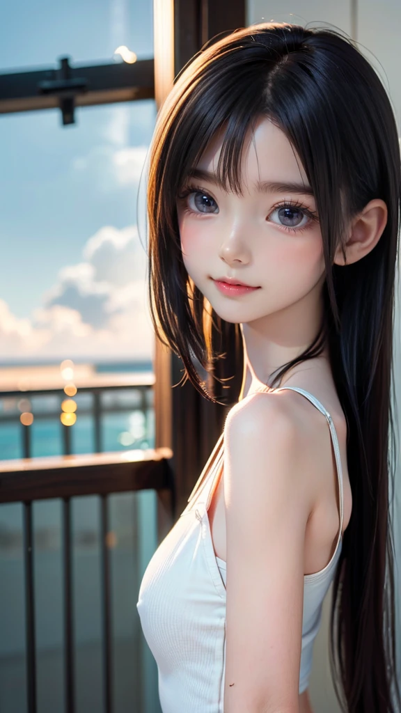 One Girl,(1人のとてもcute女の子:1.3),masterpiece,Highest quality,High resolution,From below,Photorealistic,RAW Photos,Ray Tracing,beautiful girl,(:1.3),cute,Big eyes,(detailed pupils:1.2),(The face is facing straight ahead:1.3),Body facing forward,Beautiful nose,Fuller lips,Short black hair,ponytail,short hair,Detailed eyelashes,Thin eyebrows,Very fine grain definition,(Symmetrical eyes:1.3),(Face close-up,Face Focus:1.0),Small breasts,Short neck,White swimsuit,White Bikini,The background is the sea,Southern Island,Blue sky,White cloud,Portrait,View Viewer,Upper Body,Cinema Lighting,High resolution,Very detailed