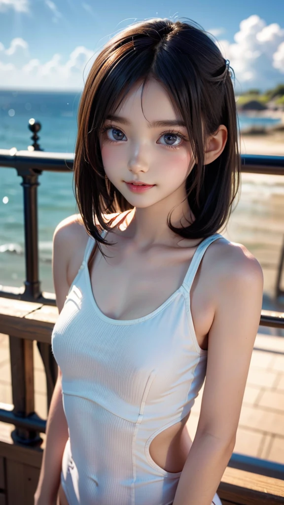 One Girl，(1人のとてもcute女の子:1.3)，masterpiece，Highest quality，High resolution，From below，Photorealistic，RAW Photos，Ray Tracing，beautiful girl，(:1.3)，cute，Big eyes，(detailed pupils:1.2)，(The face is facing straight ahead:1.3)，Body facing forward，Beautiful nose，Fuller lips，Short black hair，ponytail，short hair，Detailed eyelashes，Thin eyebrows，Very fine grain definition，(Symmetrical eyes:1.3)，(Face close-up，Face Focus:1.0)，Small breasts，Short neck，White swimsuit，White Bikini，The background is the sea，Southern Island，Blue sky，White cloud，Portrait，View Viewer，Upper Body，Cinema Lighting，High resolution，Very detailed