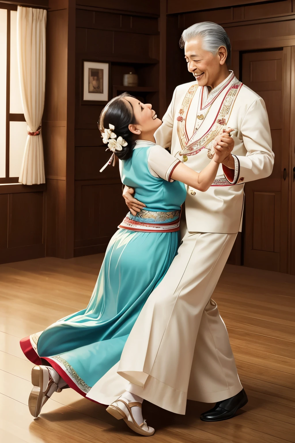 asian elder couple, dancing,tango, hugging,phonograph,vinyl disk player,inside house,white rustic wall,(best quality,4k,8k,highres,masterpiece:1.2),ultra-detailed,(realistic,photorealistic,photo-realistic:1.37),soft lighting,vivid colors,romantic,sentimental,tender,nostalgic ambiance,detailed ethnic clothing,blossom-filled room,lively expressions,old-fashioned charm,gentle movements,harmony in motion,traditional music,intergenerational love,smiling faces,twirling and swaying,memories of the past,unforgettable moments,graceful steps,tight embrace,precious togetherness,cherished memories,heartwarming scene,exquisite details,ageless love,joyful atmosphere,happy rhythm,loving gaze,grateful smiles,music filling the air,filled with joy,lasting happiness