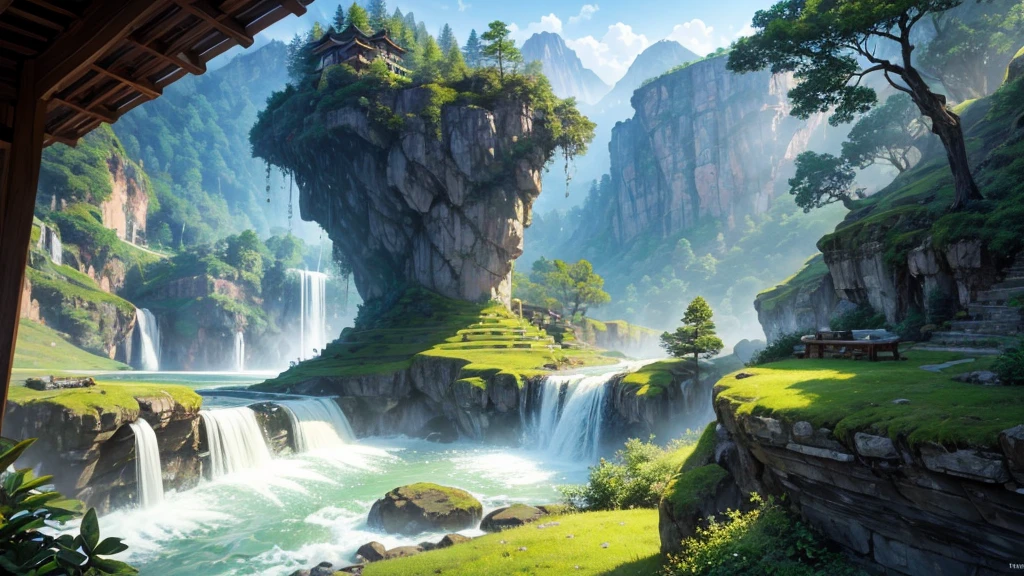 The photo depicts a mystical landscape with soaring rock formations, covered with green trees. A river flows through the landscape, cascading down in a series of waterfalls before flowing under an ornate bridge. Nestled among the rocks and trees are traditional East Asian-style houses with tiered roofs, one of them glowed warmly as if there was light inside. Behind are hazy mountain ranges, contributes to creating a peaceful and magical atmosphere for the photo.