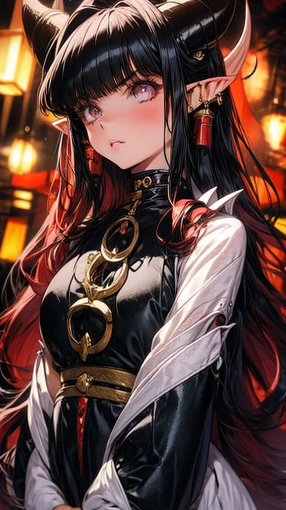 Beautiful anime girl , 20 years old, long hair, bangs pointy ears, horns, seductive.