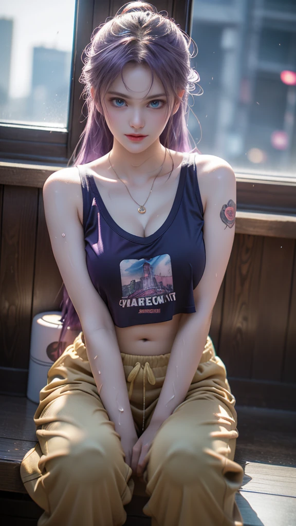 SeaArt Bot ,Upscaling 、RAW Photography、top-quality、masterpiece:1.2)、(realisitic、photoRealstic:1.37)、1girl in、nepali、25-years old、FEMALES、(deep in the night)、sunlights、a room、Daytime cityscape seen from the window、Studio Lighting、face lights、photon maping、Radio City、Purple hair、A detailed face、detailed lips、A detailed eye、More skin、double eyelid、(Huge round:1.3)、((Exposure))、(T-shirt and joggers、nepal)、(T-shirt)、(Wearing a T-shirt and joggers)、((no brassiere)))、Exposed cleavage、exposed shoulder、Thigh exposure、(camel's toe)、perfectbody、shinny skin、(Body wet with sweat:1.2)、smirking face、((sitting on))、Make eye contact with the camera、Lens blur for background camera、depth of fields、35 m、Ultra-detail、ultra-quality、flawless、Anime tattoo on right hand、((Vintage style photography 1:1)),((NSFW 1:0))