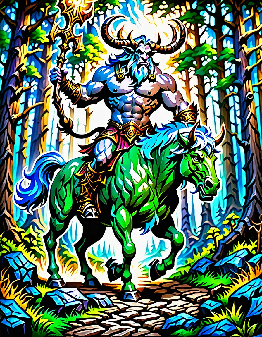 Green short hair, (male centaur), ((bodybuilder)), ((very muscular)), ((broad chest)), ((thick pectorals)), abs, small waist, , naked, ((big biceps)), ((large penis)), ((glans)), ((testicles)), ((nipple piercings)), forest, mystical, enchanting, mysterious, bioluminescent mushrooms, will-o'-wisps, glowing green tattoo, glowing blue tattoo, starry night sky, glowing emerald, growing magic, vines, magical flowers, horse penis, white horse