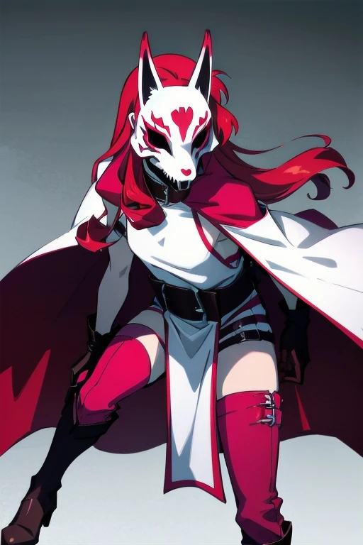 neonred, fox mask, sleeveless, gloves, thighhighs, knee boots, belt, red hair, 1girl, solo, facing viewer, looking at viewer, upper body. Hooded cloak, cape