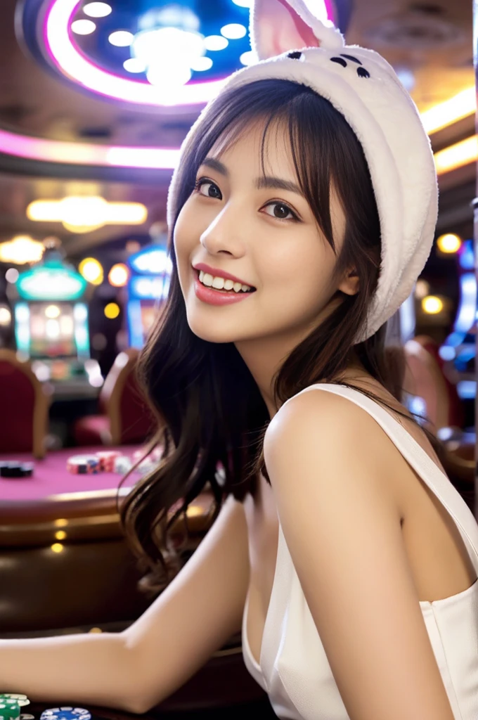 (Woman in a bunny suit、Costumes that emphasize the bust:1.3)、22 year old Japanese woman、Very beautiful woman、One Woman、solo、Cute Face、Portrait、Detailed skin texture、((Highest quality、high resolution、High resolution、High definition、masterpiece、16K:1.5))、(whole body:1.4)、Perfect proportions、Slim figure、Medium breast、D cup bust、Medium Hair、Dark Brown Hair、Loose wavy hairstyle、Bunny ears、Thin arms、Beautiful hands、Detailed face、Smiling Kindly、A ruddy complexion、Wearing high heels、High leg、sexy、((SONY α7 35mm F/ 2. 8 50 sec:1.1))、(RAW Photos、Photos like the real thing、Clear photos:1.2)、Beautiful breasts、Beautiful feet、Shapely breasts、Japanese Model、8th life、Detailed eyes、Silver grey color contacts、Direct your gaze this way、Thin eyebrows、Glossy lip gloss、Pinkish blush、Blurred eyeshadow、Long eyelashes、Beautiful neck、Beautiful décolleté line、Beautiful clavicle、((At the Casino、social scene、roulette、Macau S.A.R.:1.4))、Bright lighting、Professional Lighting、Height: 165cm、Dynamic Pose、Kneeling、Kneel、Just the right color balance、Female college student、Smiling and sticking out tongue、Narrow Face、Sharp face line、Small face、8th life、((Depth))、((Long Shot))、Long legs、Lifelike skin texture、Moisturized Skin、Anatomically correct、Gorgeous space、Luxurious chandelier、可愛い日本のFemale college studentがバニーガールのコスチュームを着ている