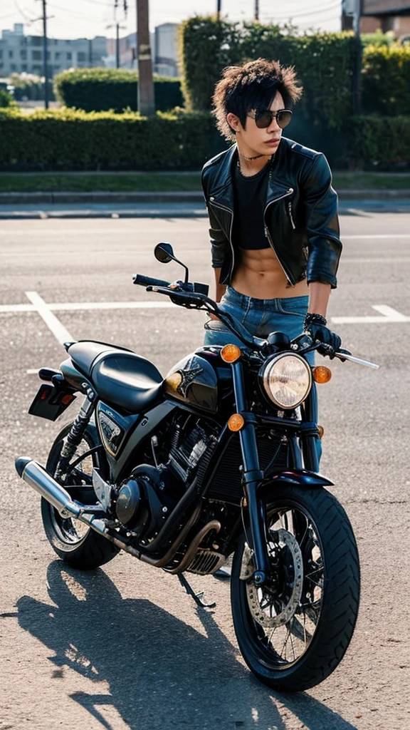 Cold and dangerous man, with Rockstar and punk airs, no shirt with abs zero definition, very similar to sid vicious. Riding on a motorcycle.