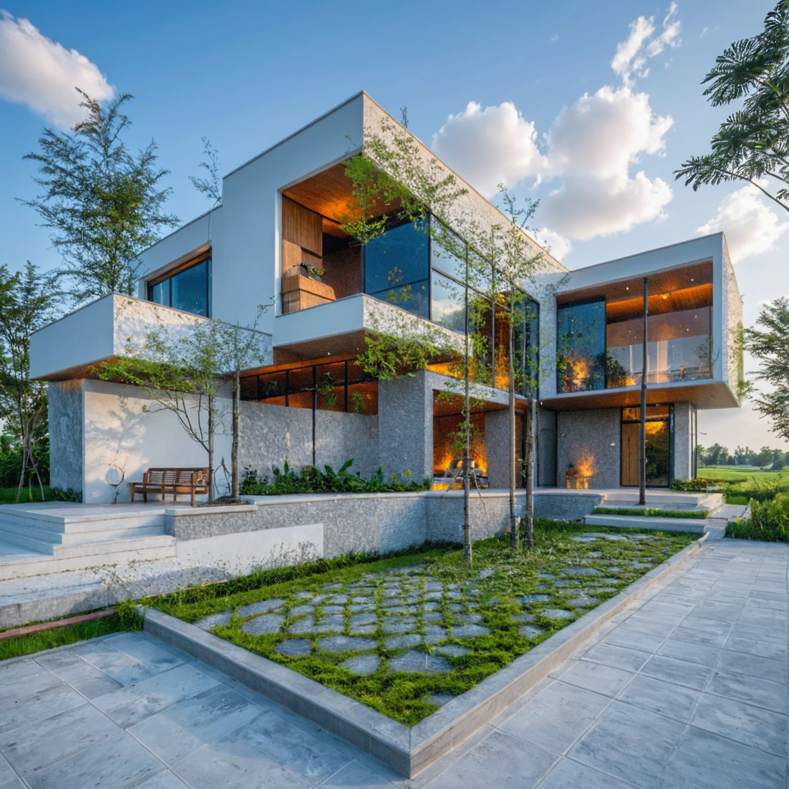 Masterpiece, 4k pixel, high quality, best quality, authentic, super detail, outdoors, onestoreyvillaXL, aiaigroup, house style modern on the street ,stairs, white wall ,road,pavement, grass, trees, sky, cloud, (daylight:1.1), (((reduce noise)))
