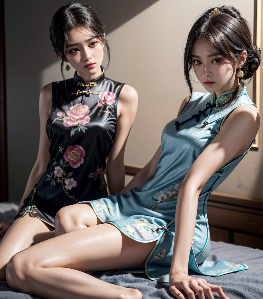 absurdres, RAW photo, extremely delicate and beautiful, masterpiece, Best Quality, ultra high resolution, 32k, hyperrealistic, ultra-detailed, Very detailed CG 8k wallpaper, Beautiful Lighting, Perfect Lightning, Realistic Shadows, perfect ???????, super Detailed skin, perfect figure, Japanese woman, late 20s, very Slim body, narrow waist, very small head, handsome detailed woman, very detailed eyes and face, realistic face proportions, Stunning detailed eyes, Realistic beautiful face, very small face, Realistic small beautiful eyes, tearful mole, earring, beautiful and very thin legs, beautiful and very thin thighs, very huge round breasts, medium hair, black hair, (full body shot), (2girls:1.5), (yuri:1.5), (cheongsam:1.5),