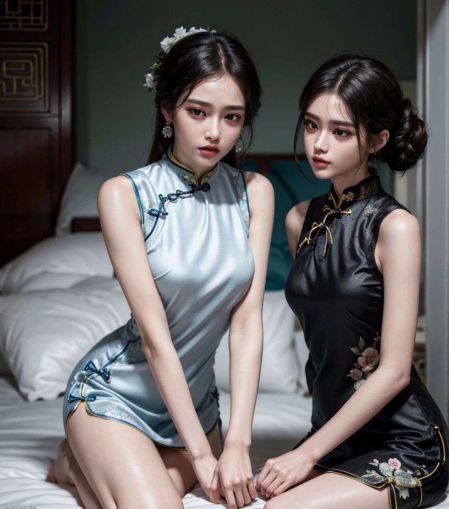 absurdres, RAW photo, extremely delicate and beautiful, masterpiece, Best Quality, ultra high resolution, 32k, hyperrealistic, ultra-detailed, Very detailed CG 8k wallpaper, Beautiful Lighting, Perfect Lightning, Realistic Shadows, perfect anatomy, super Detailed skin, perfect figure, Japanese woman, late 20s, very Slim body, narrow waist, very small head, handsome detailed woman, very detailed eyes and face, realistic face proportions, Stunning detailed eyes, Realistic beautiful face, very small face, Realistic small beautiful eyes, tearful mole, earring, beautiful and very thin legs, beautiful and very thin thighs, very huge round breasts, medium hair, black hair, (full body shot), (2girls:1.5), (yuri:1.5), (cheongsam:1.5),