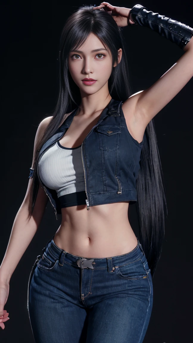 8K, Top Quality, Intricate Details, Ultra Detail, Ultra High Resolution, Masterpiece, close up shot, (full body: 1.1), Slender, Smile, (Makeup: 0.4), (walking), (Fluffy Eyes: 1.21), ((bangs)), 1girl, solo, 1 girl, (((red eyes, black hair, bangs, long hair, high ponytail)), ((Tifa,Tifa・lockhart,Final Fantasy 7,FF7,l)), close up shot, , ((tall)), (((fit body))), (((slim face))), sharp face, (( , torn denim , open denim vest, open denim pants, open zip denim pants, no bra, no panties, no inwear, no underwear)) , (detailed face), sharp face, small lips, ( walking), walk pose, walking pose,
((, )), , ((,)), detailed face, detailed breast, large breast, huge breast, (( )), detail ass, Narrow Waist, Skinny, tall , 175 cm tall, Muscular, Navel, Exposed Abdomen, Pointed Chest,, Beautiful girl with accentuated slender abs: 1.4, Six Pack Abs: 1.4,, Perfect Body, detail leg, (( dark background)), black background,