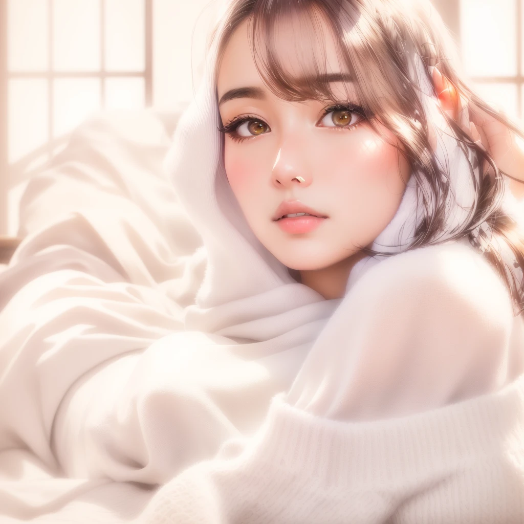 Arabian woman in white sweater sitting on sofa, Yoshitomo Nara, Chiho, Shot with Canon EOS 5D Mark IV, Girl cute beautiful face, Japanese Model, Torii Qing Yuan Works, Young and cute gravure idol, Beautiful Japanese girl face, anime. Soft lighting
