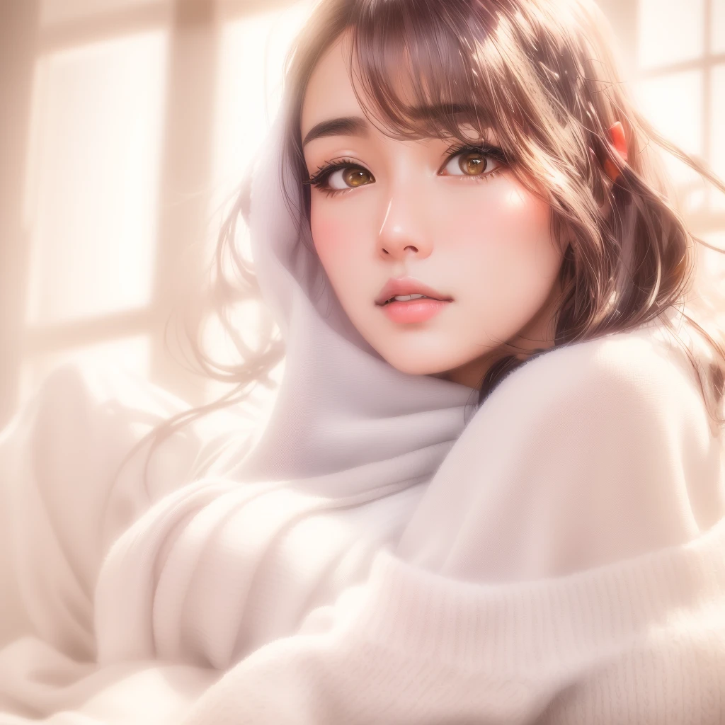 Arabian woman in white sweater sitting on sofa, Yoshitomo Nara, Chiho, Shot with Canon EOS 5D Mark IV, Girl cute beautiful face, Japanese Model, Torii Qing Yuan Works, Young and cute gravure idol, Beautiful Japanese girl face, anime. Soft lighting