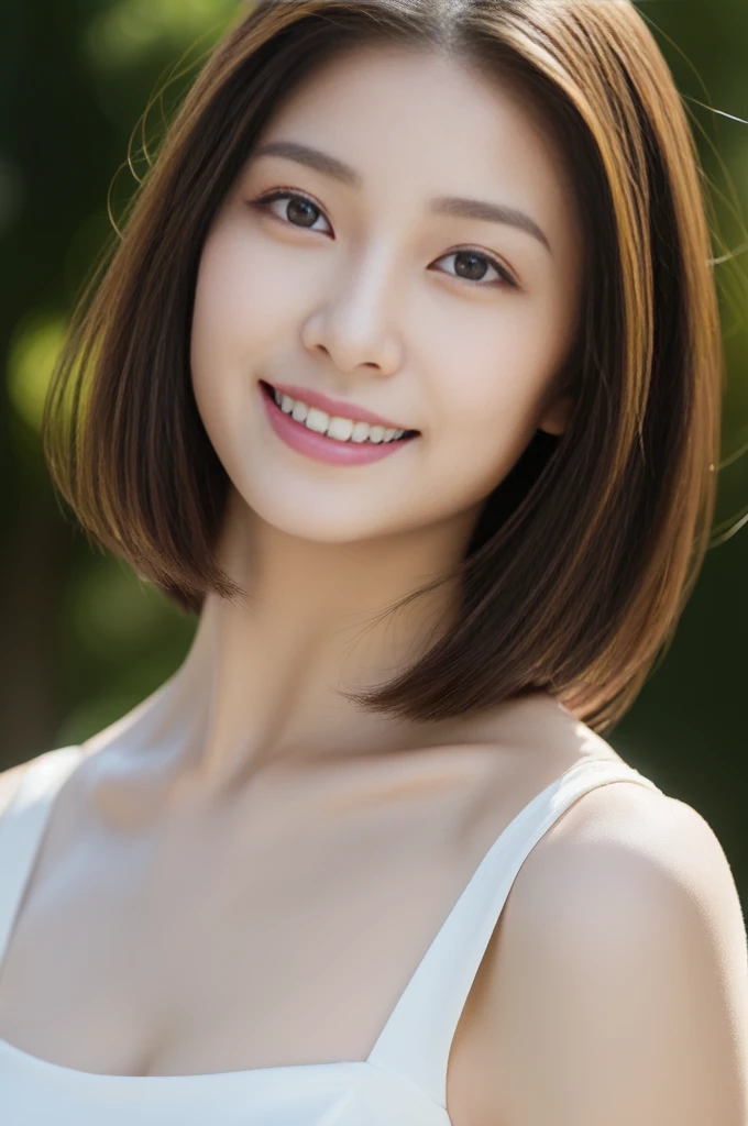 (Best Quality, Masterpiece, Ultra High Definition, High resolution, highly detailed, High Definition Face, clear pictures, HDR:1.5), (film photography style:1.3), (20-year-old woman:1.3), (full body:1.3), 1 beautiful woman, (Japanese Mixed Race Beautiful woman:1.5), (beautiful eyes, light in the eyes), The facial features are clear, white skin, Glossy, very Fair skin, shiny skin, violently fluttering hair, very smile, casual dress, Cute face, short bob hair, 8 life size, huge breasts