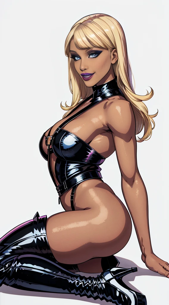 Sexy Hermaphrodite, Plump, pursed lips, Smooth Skin, Blonde with bangs..Crystal blue eyes with smoky eyeshadow and black eyeliner, Black semi-matt lipstick, Dark Skin, A frivolous, proud smile, Blonde Bob.body image、Plain white background、Black thigh-high boots with black stiletto heels,Black harness。、Side angle、BDSM、