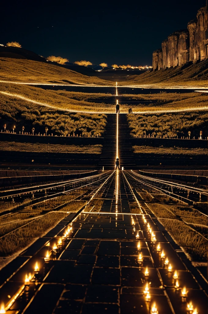 Depict a line of souls approaching the Pul Sirat, each reflecting on their deeds, with angels and demons observing.