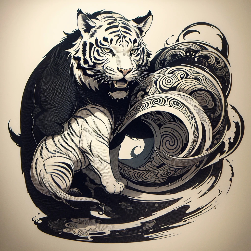 A beautifully drawn (((vintage t-shirt print))), featuring intricate ((retro-inspired typography)) encircling a (((sumi-e ink illustration))) white tiger, integrating elements of Japanese calligraphy and beast fighting with black back ground 