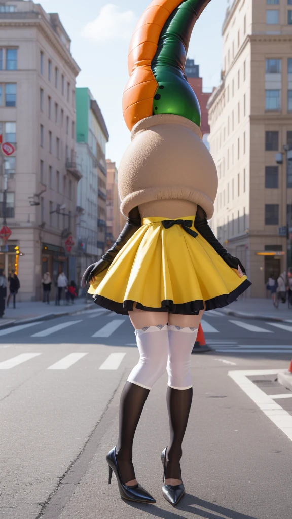 1girl, natural lighting, masterpiece, highly detailed, realistic, 8k resolution, high quality, aichan, city, short idol dress, white thigh highs, narrow waist, (cell vore), (tail vore:1.3), struggling, high heels, struggling