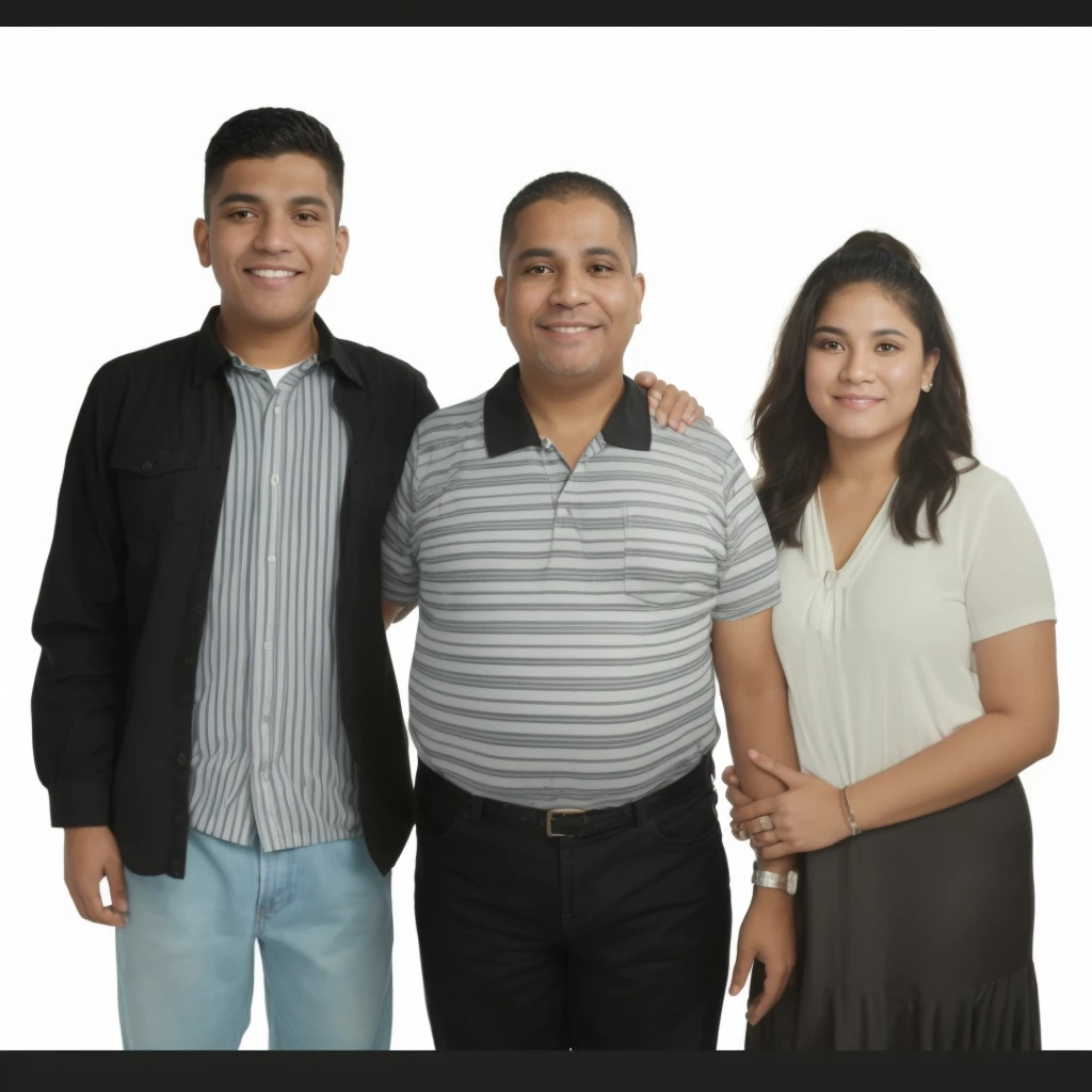 There are three Latin people standing next to each other posing for a photo., realistic photo, scanned photo, happy latin family, photo taken in 2 0 2 0, full body photography, realistic photo, retouched, husband wife and son, full body photography, 
