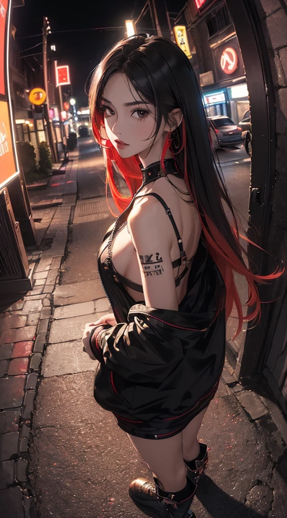 (((8k wallpaper of extremely detailed CG unit:1.2, masterpiece, hight resolution:1.2, top-quality:1.2, masutepiece))), ((a very beautiful woman, Hands in pockets:1.8, Street fashion:1.2, wearing a colorful jacket:1.2, Wearing boots)), ((extra detailed face, Highly detailed black eyes, extra detailed body, Top quality real texture skins)), (Red Straight Hair:1.2, de pele branca, Small, exposed shoulder), ((Empty alley, Mileland. natta, Neon Street)), (high-angle, a closeup, Fisheye:1.3), hyper realisitic, digitial painting,