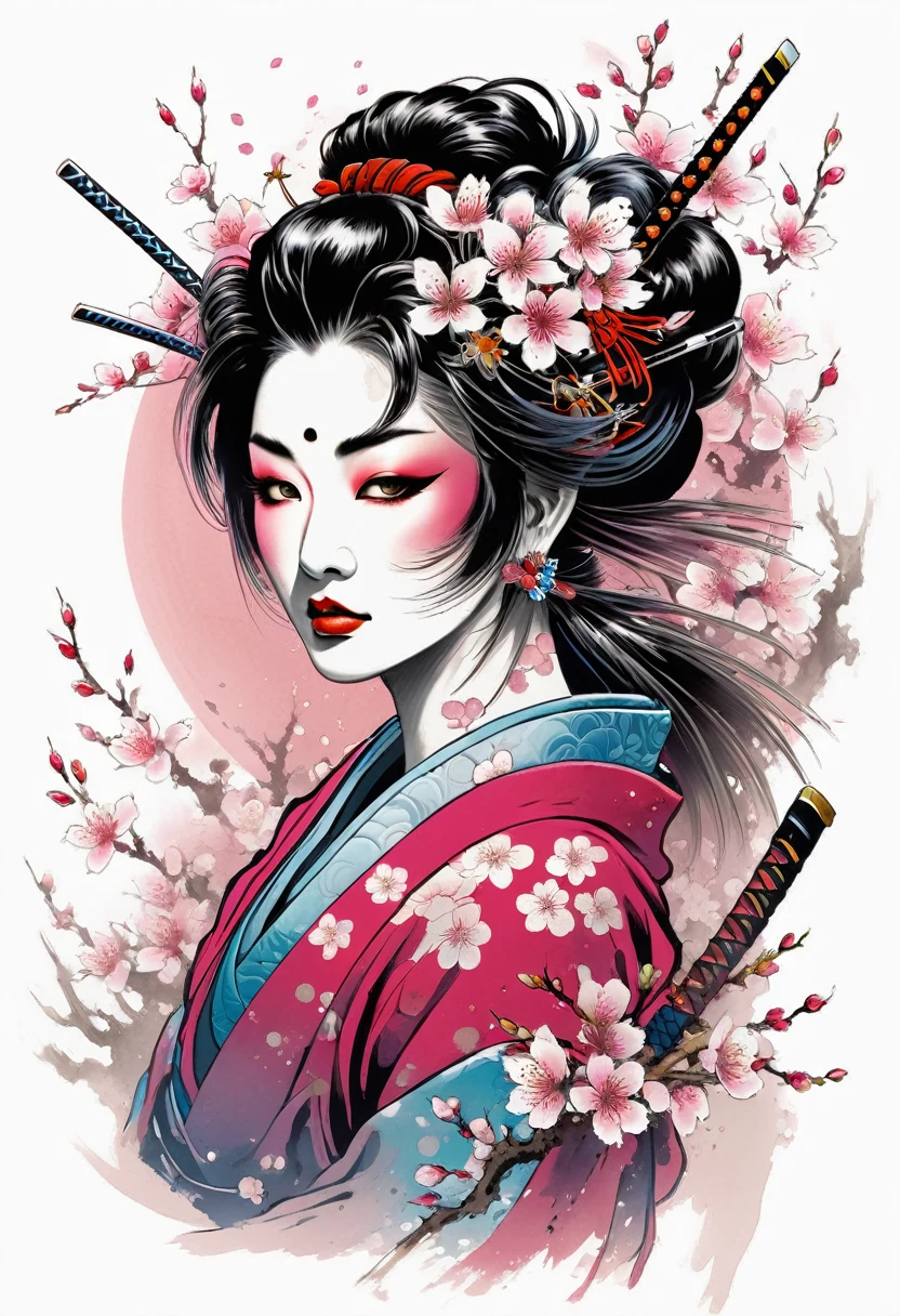 Create a captivating t-shirt design in a sketch comic style, blending Japanese fantasy with digital art elements. Feature a zombie samurai geisha as the central character, embodying both grace and menace with traditional robes and a haunting, undead appearance. Surround the figure with swirling cherry blossoms and intricately detailed skulls, symbolizing beauty and mortality.

Utilize negative space to emphasize the contrast between the bold, sketchy outlines of the samurai geisha and the delicate, detailed elements like cherry blossoms and skulls. Incorporate a subdued color palette with occasional pops of vibrant hues, inspired by the digital artistry of Dan Mumford, Carne Griffiths, and Frank Frazetta.

Craft a design that merges the elegance of Japanese folklore with the eerie allure of the undead, creating a visually striking piece that captures both ancient mystique and contemporary graphic style