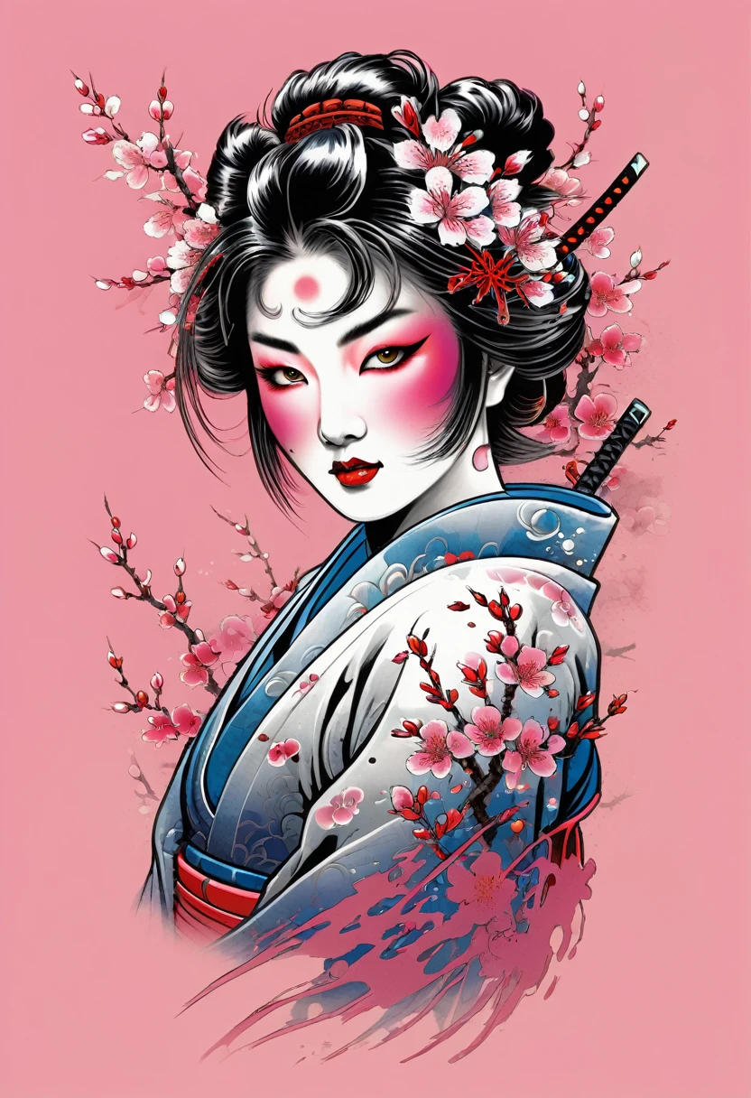 Create a captivating t-shirt design in a sketch comic style, blending Japanese fantasy with digital art elements. Feature a zombie samurai geisha as the central character, embodying both grace and menace with traditional robes and a haunting, undead appearance. Surround the figure with swirling cherry blossoms and intricately detailed skulls, symbolizing beauty and mortality.

Utilize negative space to emphasize the contrast between the bold, sketchy outlines of the samurai geisha and the delicate, detailed elements like cherry blossoms and skulls. Incorporate a subdued color palette with occasional pops of vibrant hues, inspired by the digital artistry of Dan Mumford, Carne Griffiths, and Frank Frazetta.

Craft a design that merges the elegance of Japanese folklore with the eerie allure of the undead, creating a visually striking piece that captures both ancient mystique and contemporary graphic style