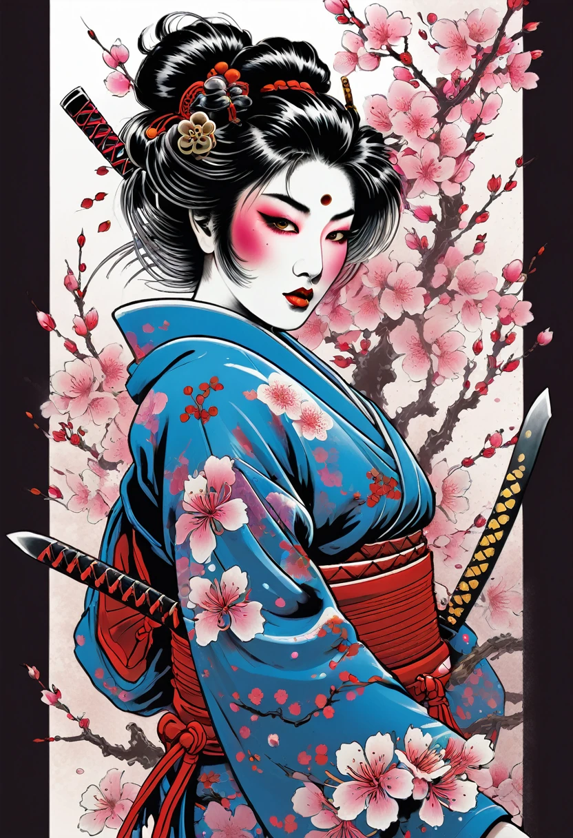 Create a captivating t-shirt design in a sketch comic style, blending Japanese fantasy with digital art elements. Feature a zombie samurai geisha as the central character, embodying both grace and menace with traditional robes and a haunting, undead appearance. Surround the figure with swirling cherry blossoms and intricately detailed skulls, symbolizing beauty and mortality.

Utilize negative space to emphasize the contrast between the bold, sketchy outlines of the samurai geisha and the delicate, detailed elements like cherry blossoms and skulls. Incorporate a subdued color palette with occasional pops of vibrant hues, inspired by the digital artistry of Dan Mumford, Carne Griffiths, and Frank Frazetta.

Craft a design that merges the elegance of Japanese folklore with the eerie allure of the undead, creating a visually striking piece that captures both ancient mystique and contemporary graphic style