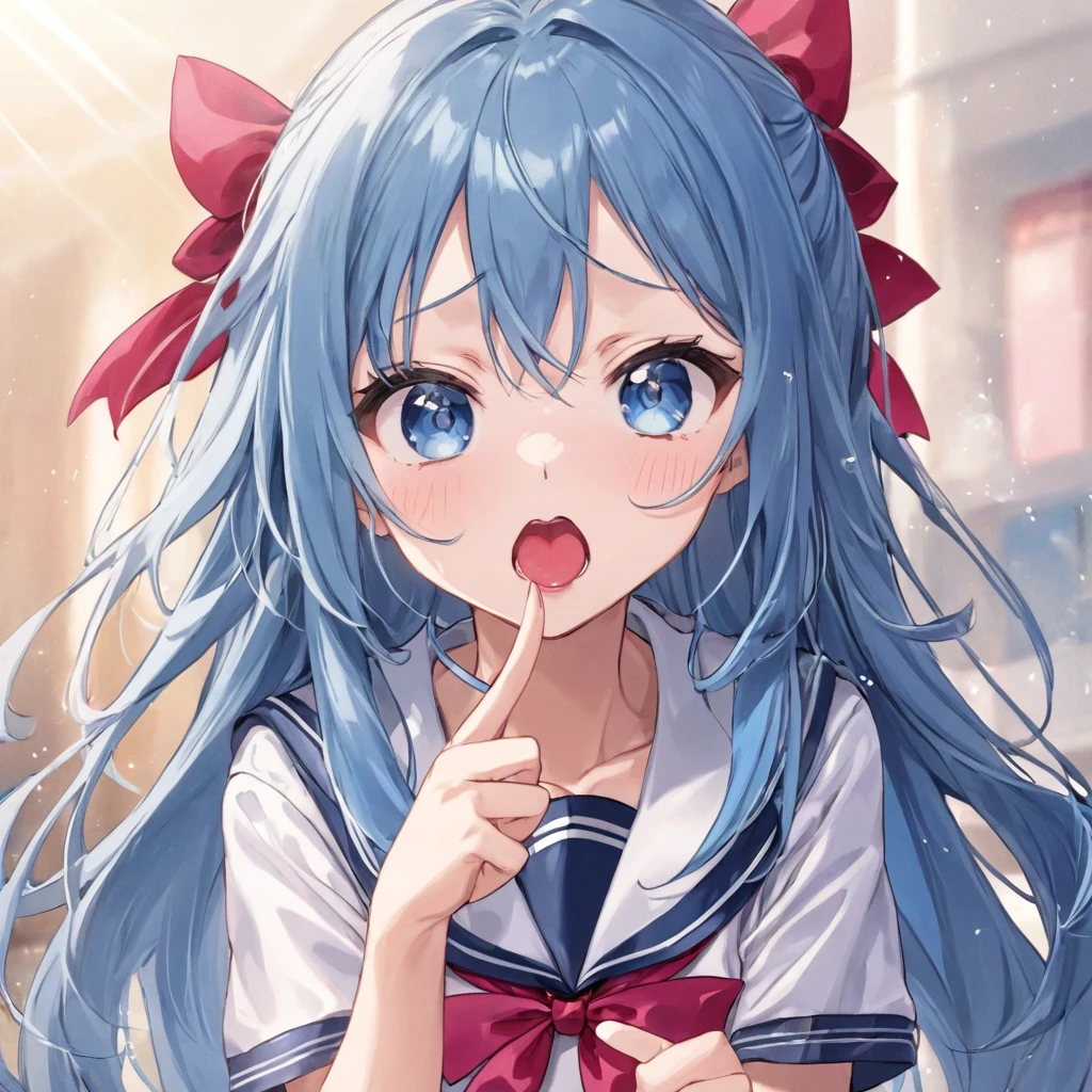 (angry style) (Tsundere mode) (15 yo, solo forehead blue hair long hair cute girl, lovely blue eyes, angry face, pink lip open mouth), break, (in a summer school sailor suit, red ribbon, skirt), (index finger raised), BREAK, perfect anatomy, masterpiece, best quality, 16k, beautiful detailed grow, daydreaming expression.