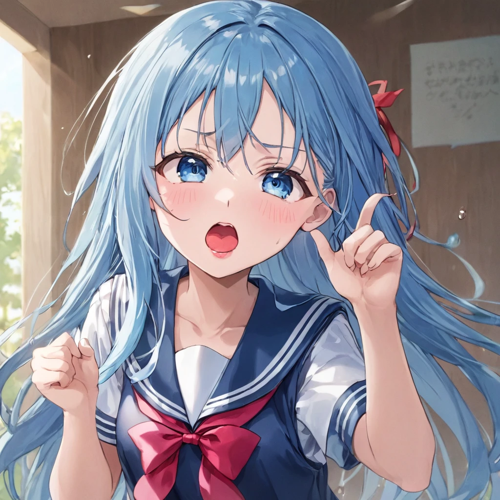 (angry style) (Tsundere mode) (15 yo, solo forehead blue hair long hair cute girl, lovely blue eyes, angry face, pink lip open mouth), break, (in a summer school sailor suit, red ribbon, skirt), (index finger raised), BREAK, perfect anatomy, masterpiece, best quality, 16k, beautiful detailed grow, daydreaming expression.