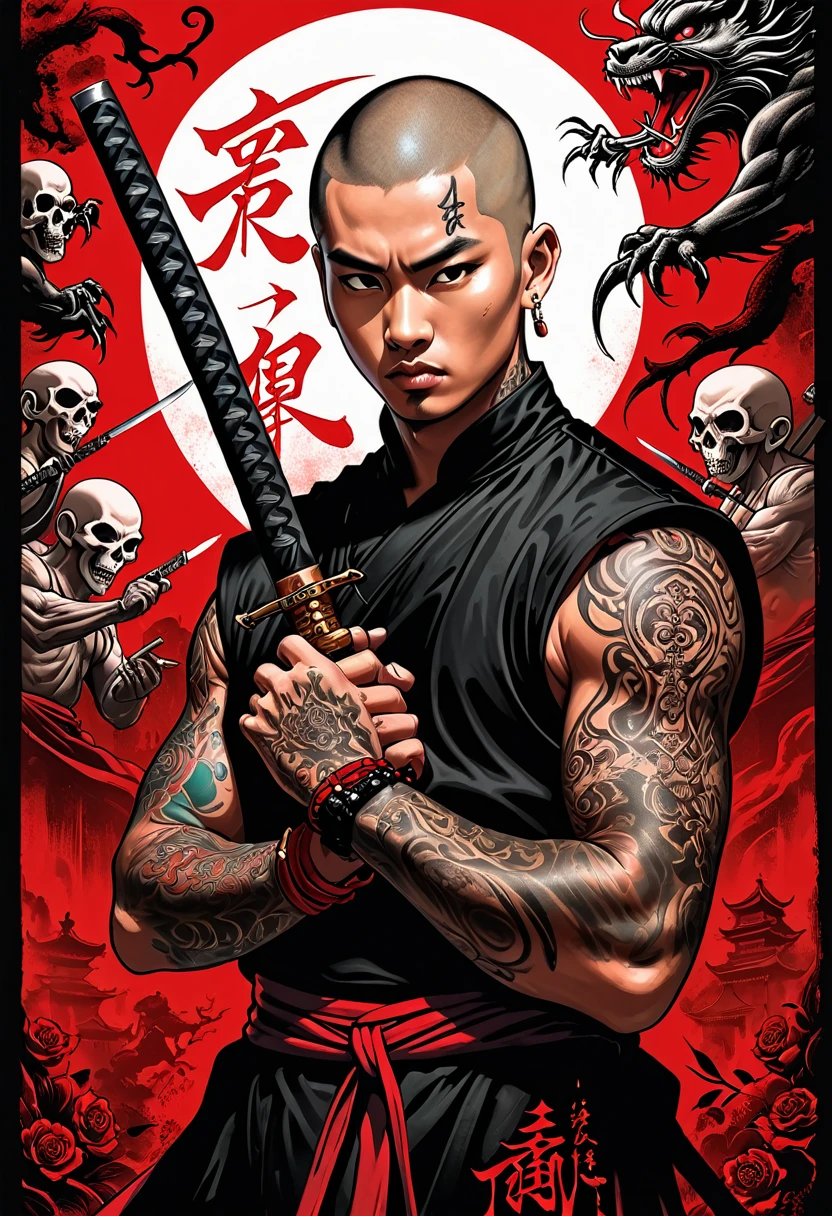 Devoted young dark gothic monk, movie poster featuring tattooed asian monk holding weapon with large body tattoo,in the style of aggressive digital illustration, light red, rap aesthetics, fabian perez, fragmented realism, david michael bowers, high contrast chiaroscuro