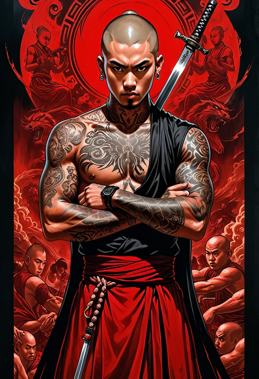 Devoted young dark gothic monk, movie poster featuring tattooed asian monk holding weapon with large body tattoo,in the style of aggressive digital illustration, light red, rap aesthetics, fabian perez, fragmented realism, david michael bowers, high contrast chiaroscuro