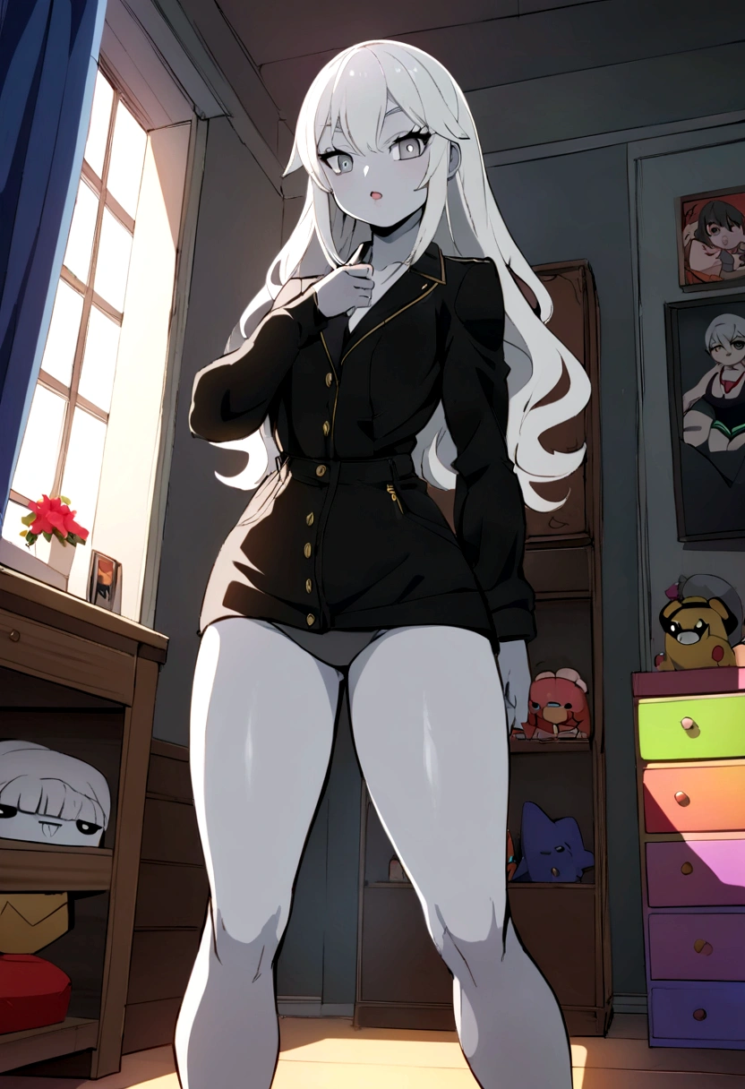 anime style girl 1,70 long light gray hair gray skin shark teeth and gray eyes and light gray pupils legs and thighs very very thick and strong but no breasts posing to see her clothes seen from behind in her room she is dressed in a large black jacket with a black shirt and a shotr short made of jean 