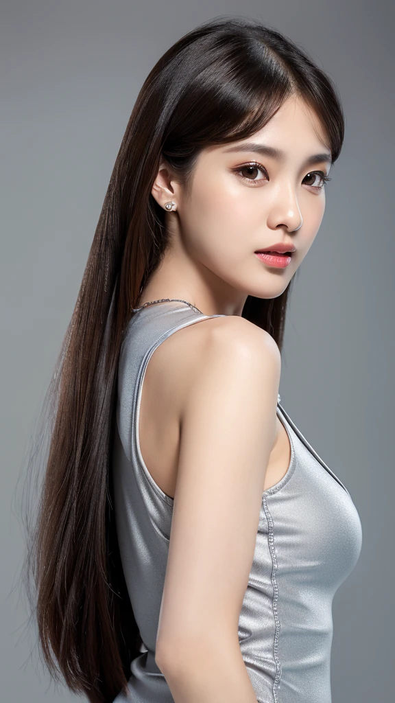 ((Silver jewelry)),(detailed face),((crotch)),normal breasts,pretty,sleeveless and turtle neck white silky clothes,4k ,super high resolution ,(photo-realistic: 1.7),gray background,black long hair,
