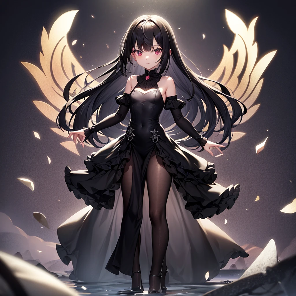 (((Black elegant dress))),((Luxurious)),(In a naughty way),Cute little loli,Tiny Lori,Small girl,,Childish face, Very fine clean face,Top quality, Big eyes,Straight Hair,Yellow hair,Crimson Eye,(Dark Room), Subtle light, Natural light,Soft lighting,Light from directly behind, (Are standing), Cute pose, (Open your hands), Showing the whole body,Front view,Black background