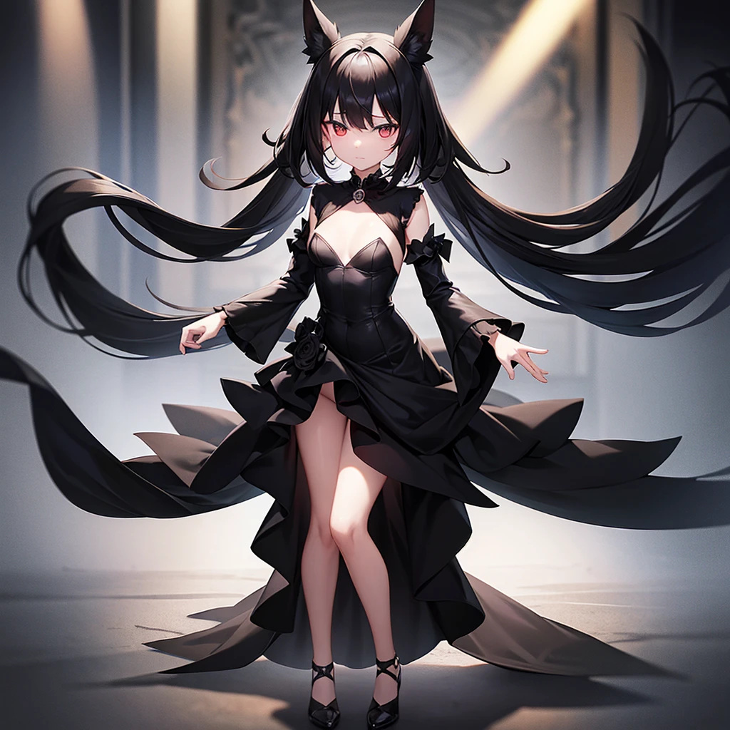 (((Black elegant dress))),(Revealing clothing),(In a naughty way),Cute little loli,Tiny Lori,Small girl,,Childish face, Very fine clean face,Top quality, Big eyes,Straight Hair,Yellow hair,Crimson Eye,(Dark Room), Subtle light, Natural light,Soft lighting,Light from directly behind, (Are standing), Cute pose, (Open your hands), Showing the whole body,Front view,Black background