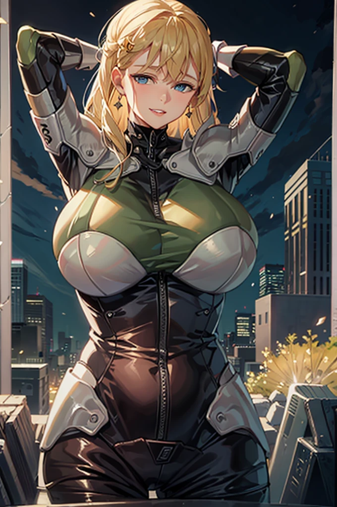 masterpiece, high quality, extremely detailed, 1girl, milf, solo, frigga, gigantic breasts, blonde hair, blue eyes, long hair, parted lips, bodysuit, armor, kaiju8, arms behind head, evil smile, upper body, evening
