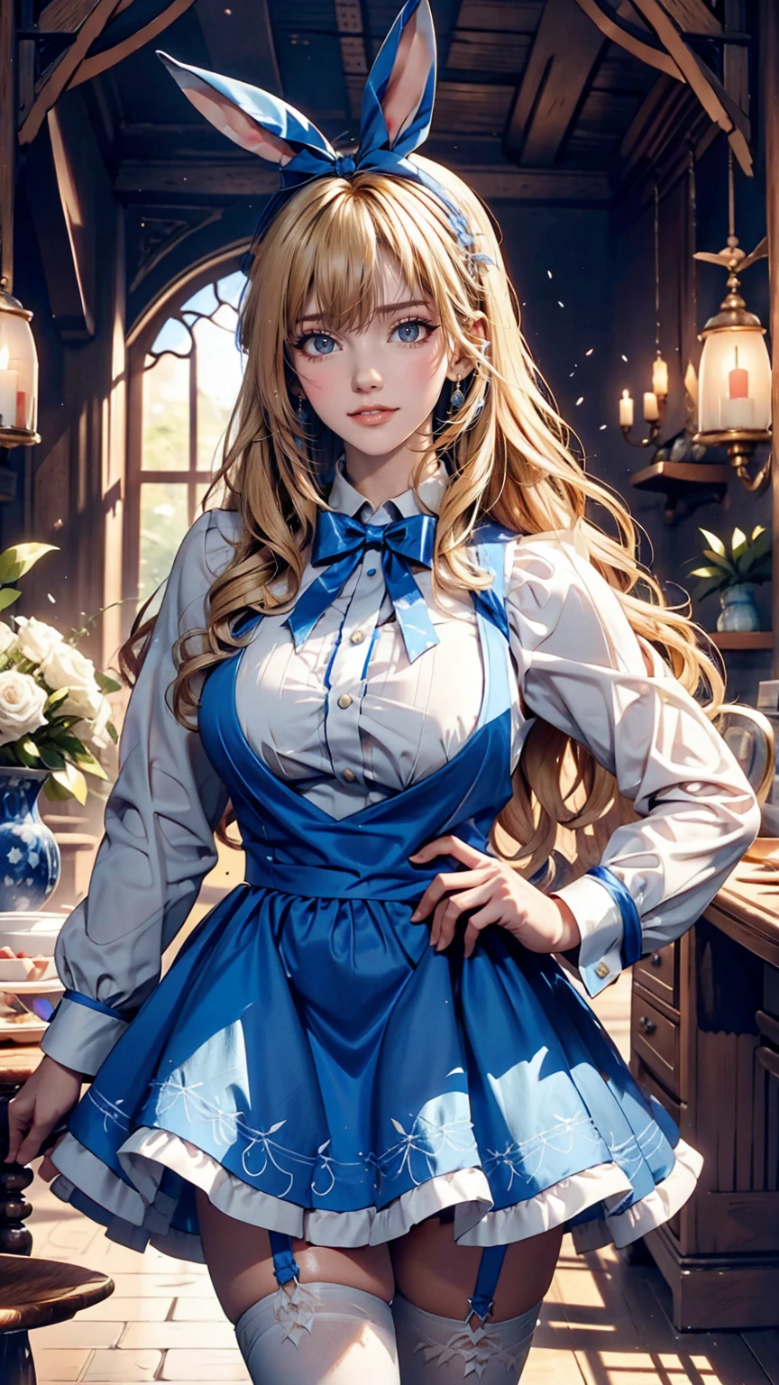 Alice in Wonderland、Wear a blue apron dress、Blonde、long hair、Hair becomes wavy、Put a big ribbon on your head、Chasing a tuxedo-wearing rabbit on two legs
