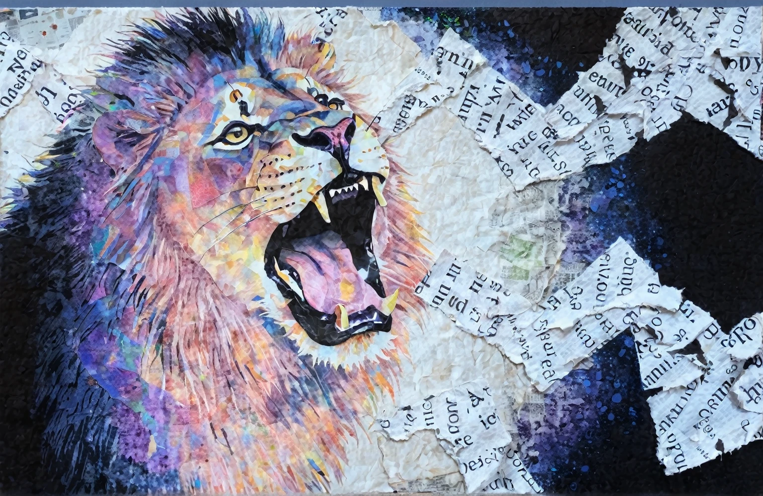 arafed drawing of a lion with a torn piece of newspaper, added detail, inspired by Leo Leuppi, prophetic art, mixed media illustration, by Whitney Sherman, mixed media torn paper collage, full color mixed media painting, torn paper collage, half lion, by Juliette Wytsman, acrylic and spraypaint, inspired by Leo Lionni, inspired by Jerry Pinkney