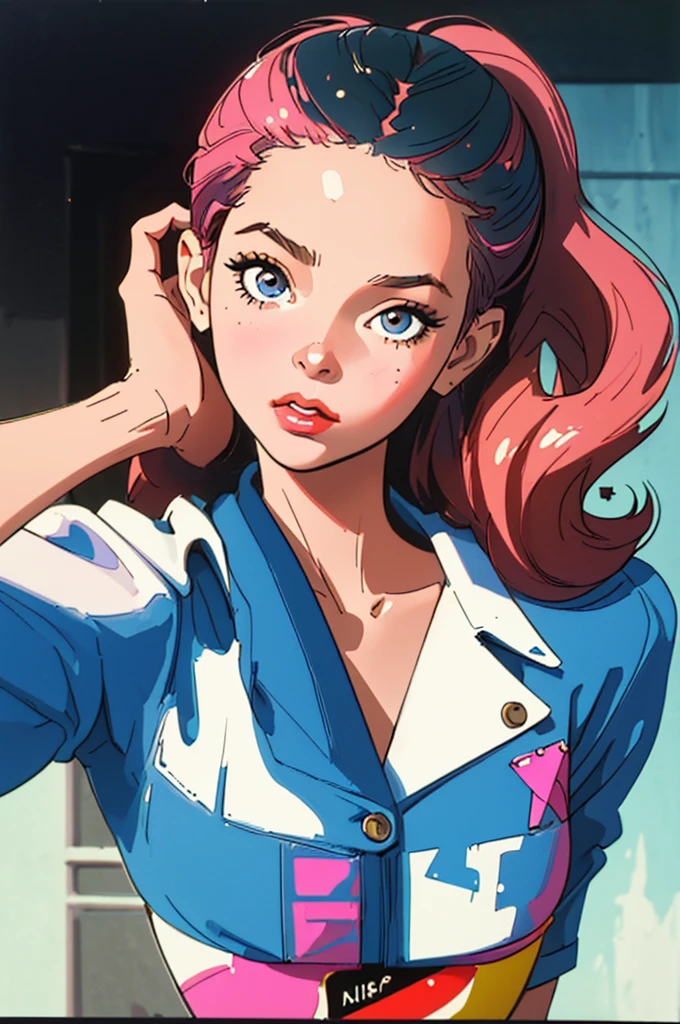 (Best Quality, Masterpiece), 1 girl, 1980s \(Style\), looking at the viewer, pin up \(Style\), Upper part of the body,