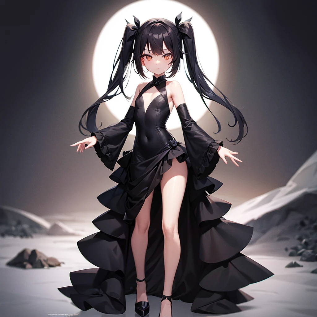 (((Black elegant dress))),((Luxurious)),(In a naughty way),Cute little loli,Tiny Lori,Small girl,,Childish face, Very fine clean face,Top quality, Big eyes,Straight Hair,Yellow hair,Crimson Eye,(Dark Room), Subtle light, Natural light,Soft lighting,Light from directly behind, (Are standing), Cute pose, (Open your hands), Showing the whole body,Front view,Black background