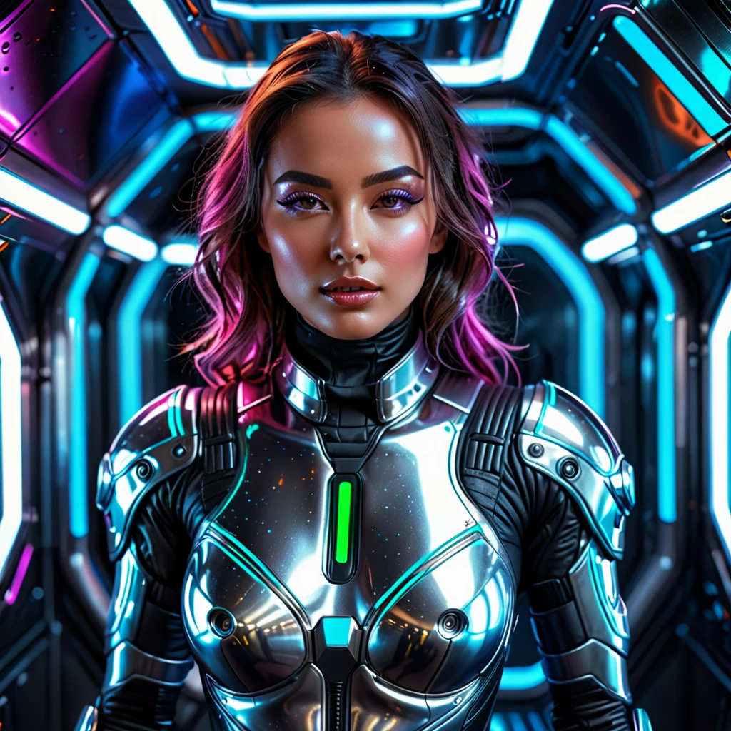 a beautiful sexy woman in a tight space suit, detailed facial features, perfect body, glossy skin, intricate suit textures, futuristic spacesuit, intricate details, dynamic pose, dramatic lighting, cinematic angles, neon colors, glowing highlights, photorealistic, 8k, hyper detailed, concept art style