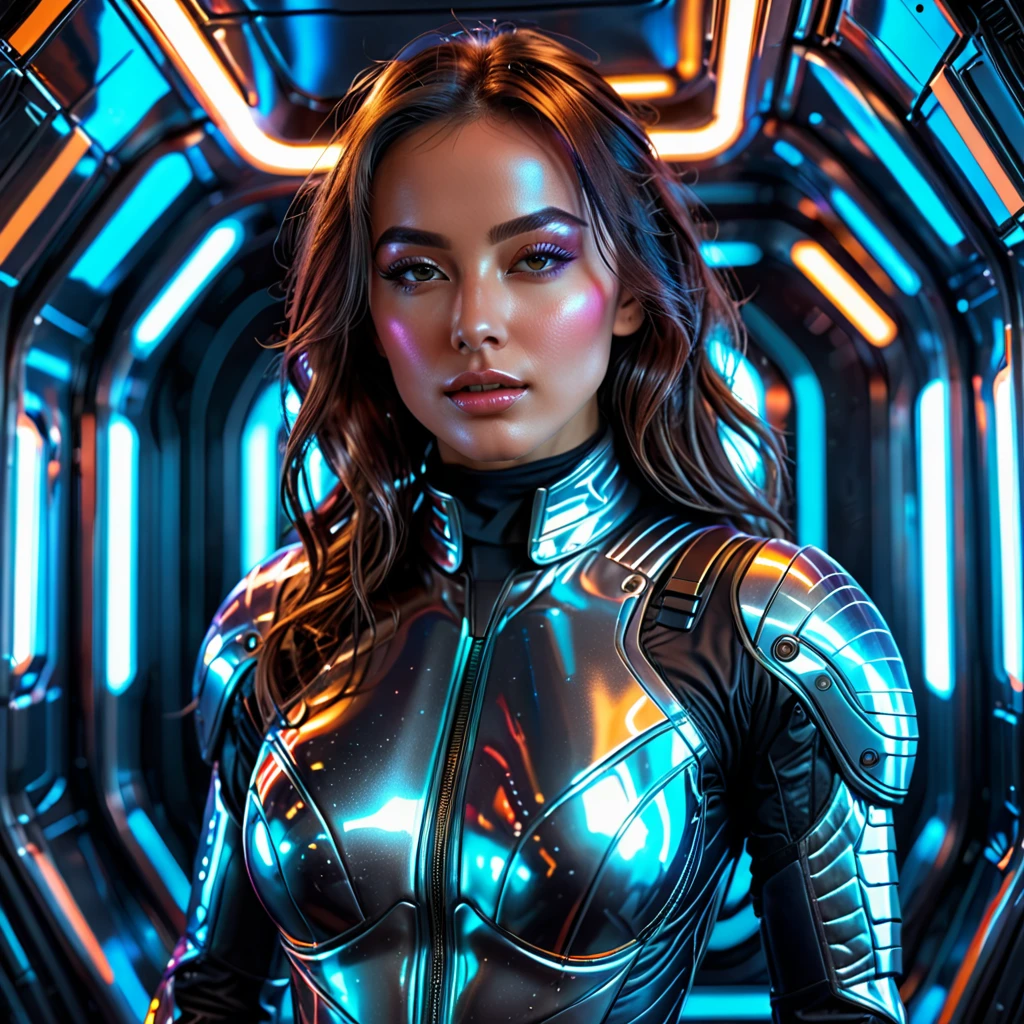 a beautiful sexy woman in a tight space suit, detailed facial features, perfect body, glossy skin, intricate suit textures, futuristic spacesuit, intricate details, dynamic pose, dramatic lighting, cinematic angles, neon colors, glowing highlights, photorealistic, 8k, hyper detailed, concept art style