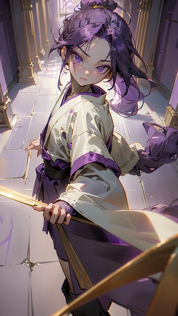 boy, thoughtful look, open forehead, dark purple hair braided into a ponytail on the left side. pale violet eyes, short dark purple shorts. Long white t-shirt. dark purple knee socks. dark purple robe with a pattern of gold circles and a white robe on the inside. dark corridor with stairs rays of light from above