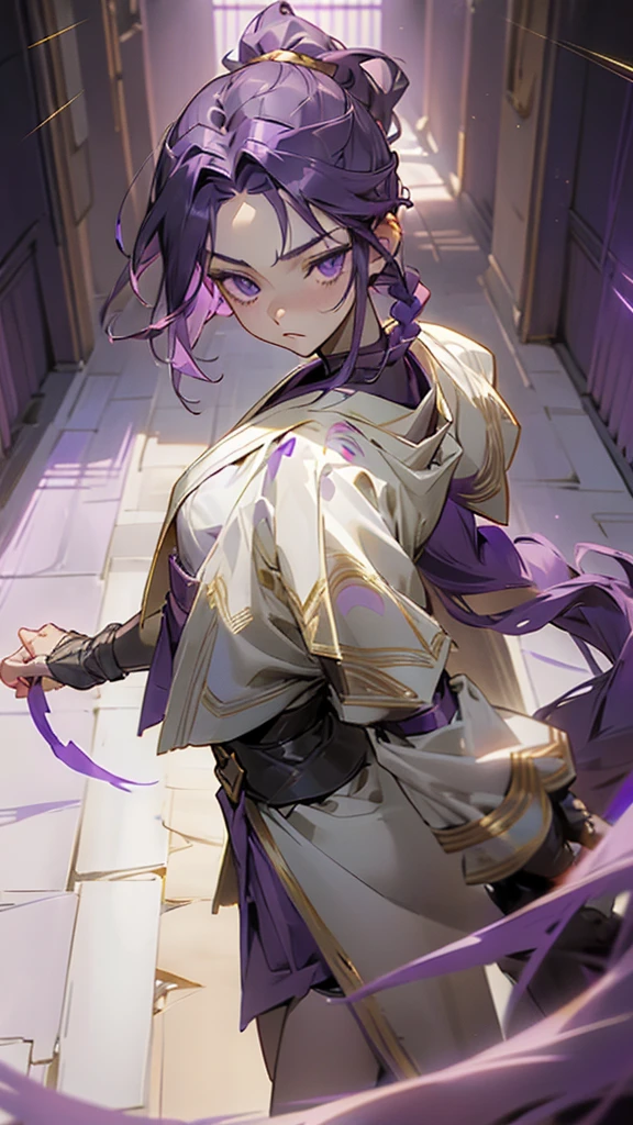 boy, thoughtful look, open forehead, dark purple hair braided into a ponytail on the left side. pale violet eyes, short dark purple shorts. Long white t-shirt. dark purple knee socks. dark purple robe with a pattern of gold circles and a white robe on the inside. dark corridor with stairs rays of light from above