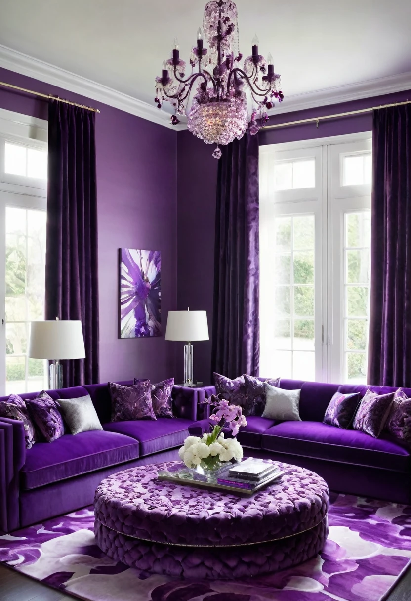 A vibrant living room, awash in shades of purple, exudes a sense of bold elegance. The plush velvet sofas, accented with delicate floral patterns, invite relaxation, while the sleek, modern coffee table and the shimmering crystal chandelier add a touch of sophistication.