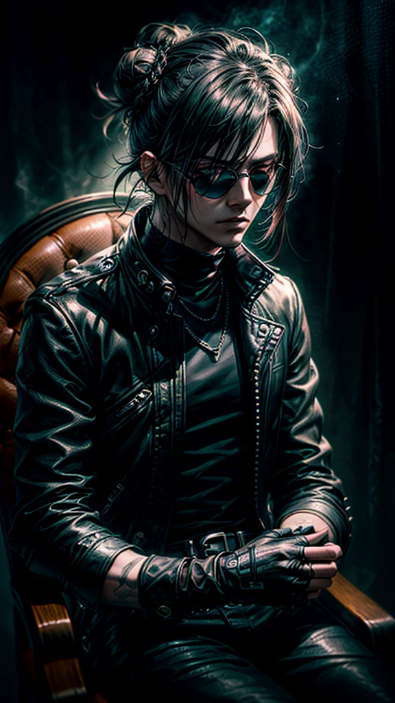 a stylish korean man with long hair tied in bun, wearing black round sunglasses, black leather gloves, dark clothing, sitting on a chair in a dark environment, dynamic point of view, best quality, ultra-detailed, photorealistic, vivid colors, dramatic lighting, chiaroscuro, dark and moody atmosphere, masculine, charismatic, punk style