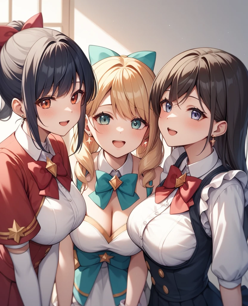 Highest quality, Very detailed, masterpiece, anime,Highest quality,Japanese ,Three Girls,Holiday outings,Transparent haori,Browsing Caution,Magical girl、Upper Body、Close Contact、lure、Provocative look、Leaning forward、bring your chest to the center、Large Breasts