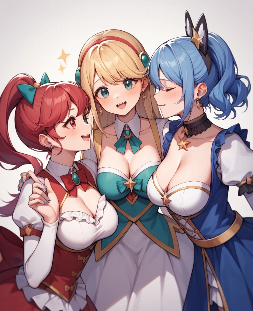Highest quality, Very detailed, masterpiece, anime,Highest quality,Japanese ,Three Girls,Holiday outings,Transparent haori,Browsing Caution,Magical girl、Upper Body、Close Contact、lure、Provocative look、Leaning forward、bring your chest to the center、Large Breasts