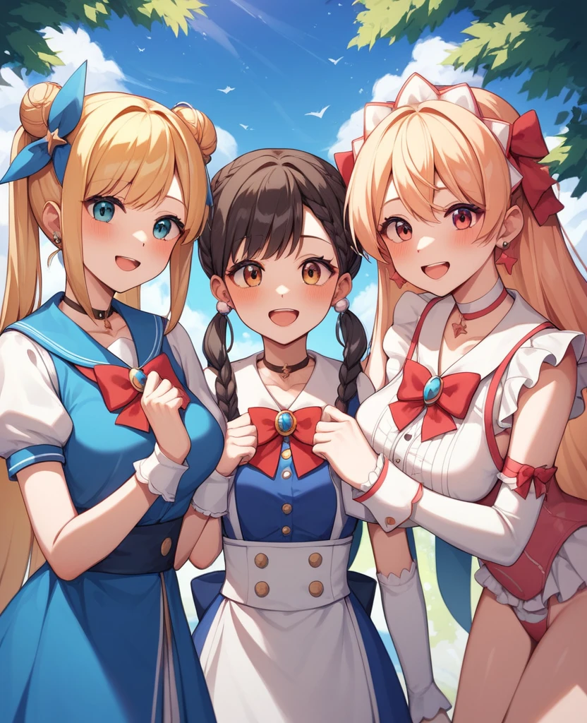 Highest quality, Very detailed, masterpiece, anime,Highest quality,Japanese ,Three Girls,Holiday outings,Transparent haori,Browsing Caution,Magical girl、Upper Body、Close Contact、lure、Provocative look、Leaning forward、bring your chest to the center、Large Breasts
