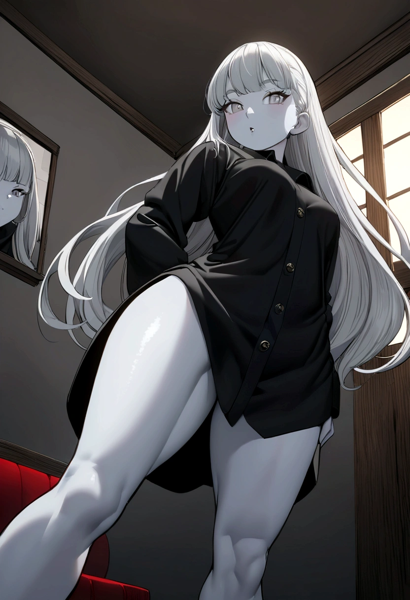 anime style girl 1,70 long light gray hair gray skin shark teeth and gray eyes and light gray pupils legs and thighs very very thick and strong but no breasts posing to see her clothes seen from behind in her room she is dressed in a large black jacket with a black shirt and a shotr short made of jean