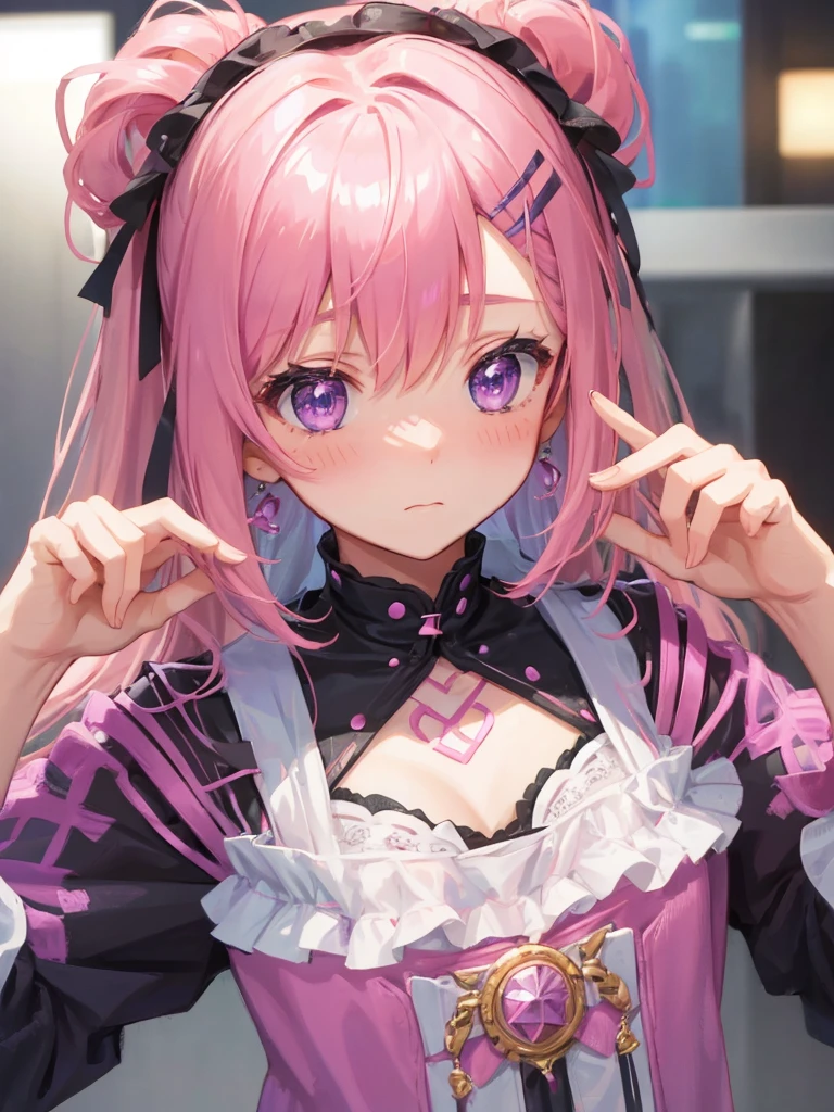 A girl. She is blushing. She has pink hair and purple eyes. 